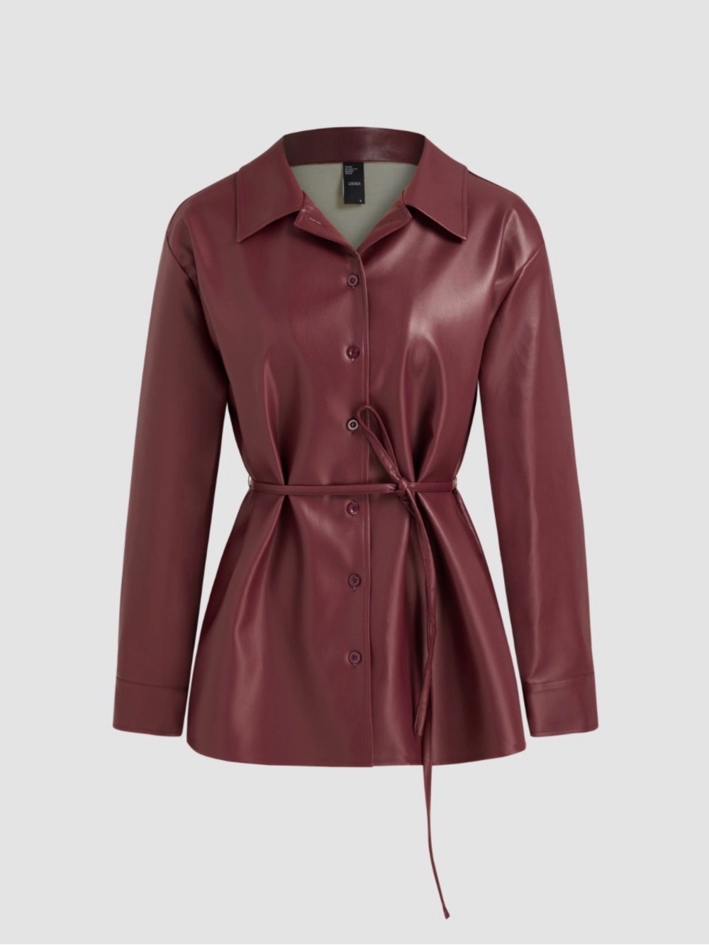Cider Faux Leather Belted Shirt Jacket - Burgundy